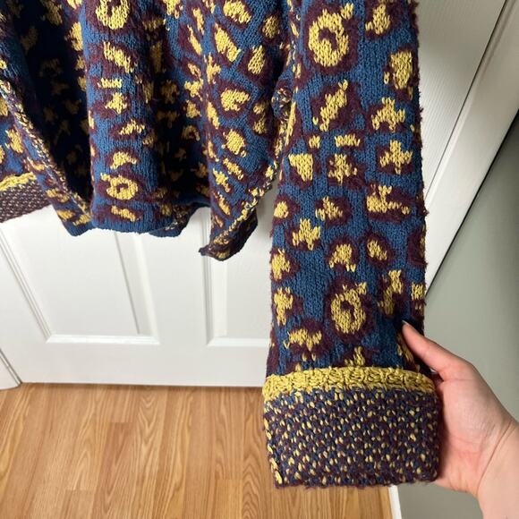 Free People Leopard Little Animal Pullover Crew Neck Sweater Blue Fig Combo XS - Picture 4 of 9